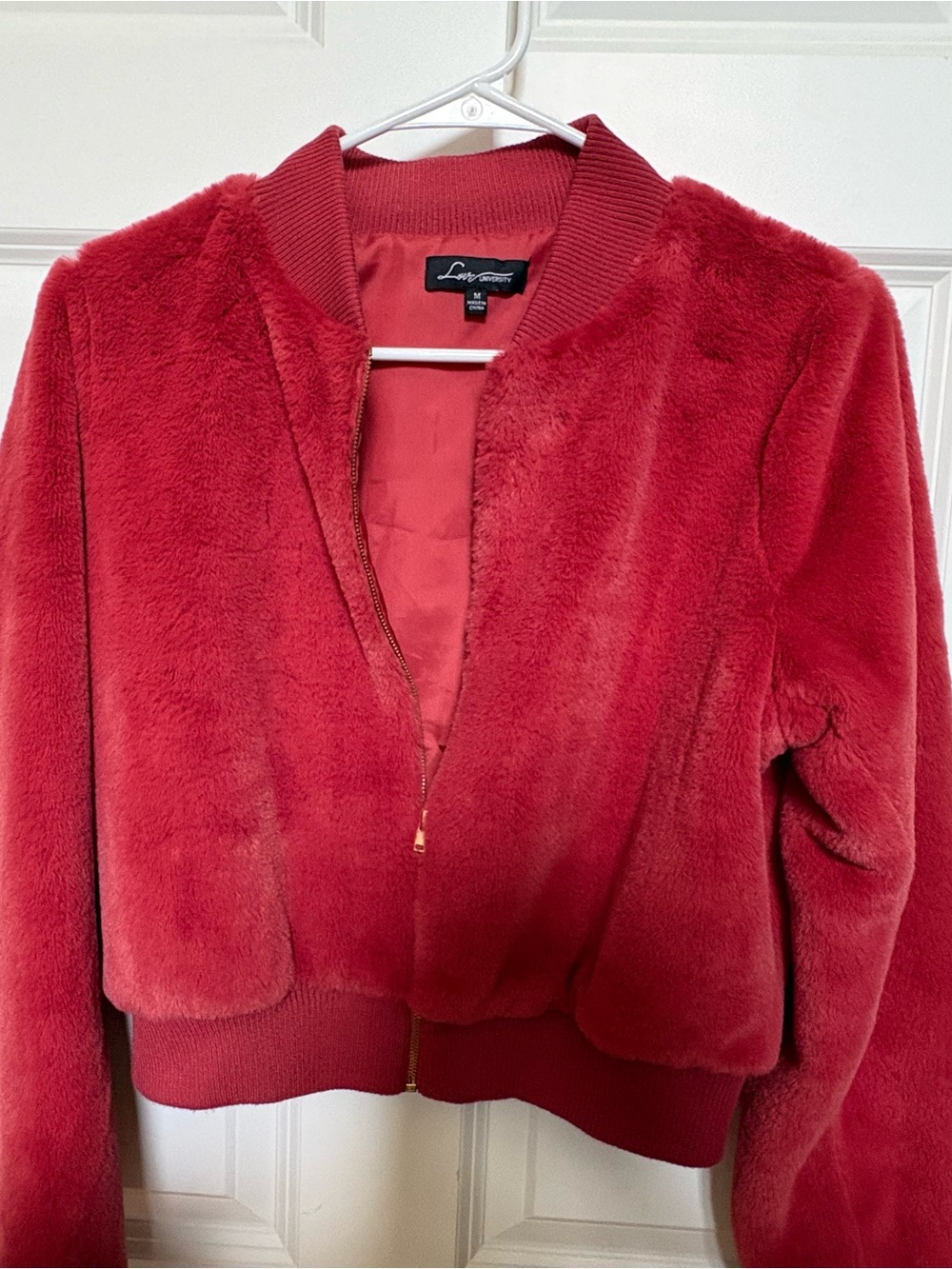 Love University-Red Faux-Fur Bomber Jacket-New! Size medium!